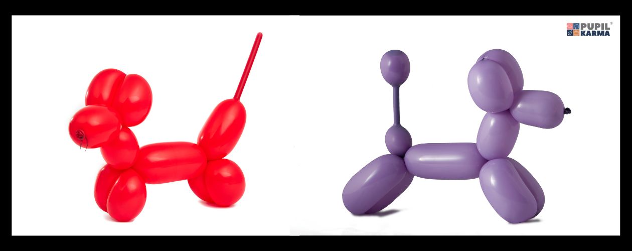 Przyczyny - rozdęty żołądek. Na białym tle z balonów zrobione psy - czerwony i fioletowy. Logo pupilkarma. 